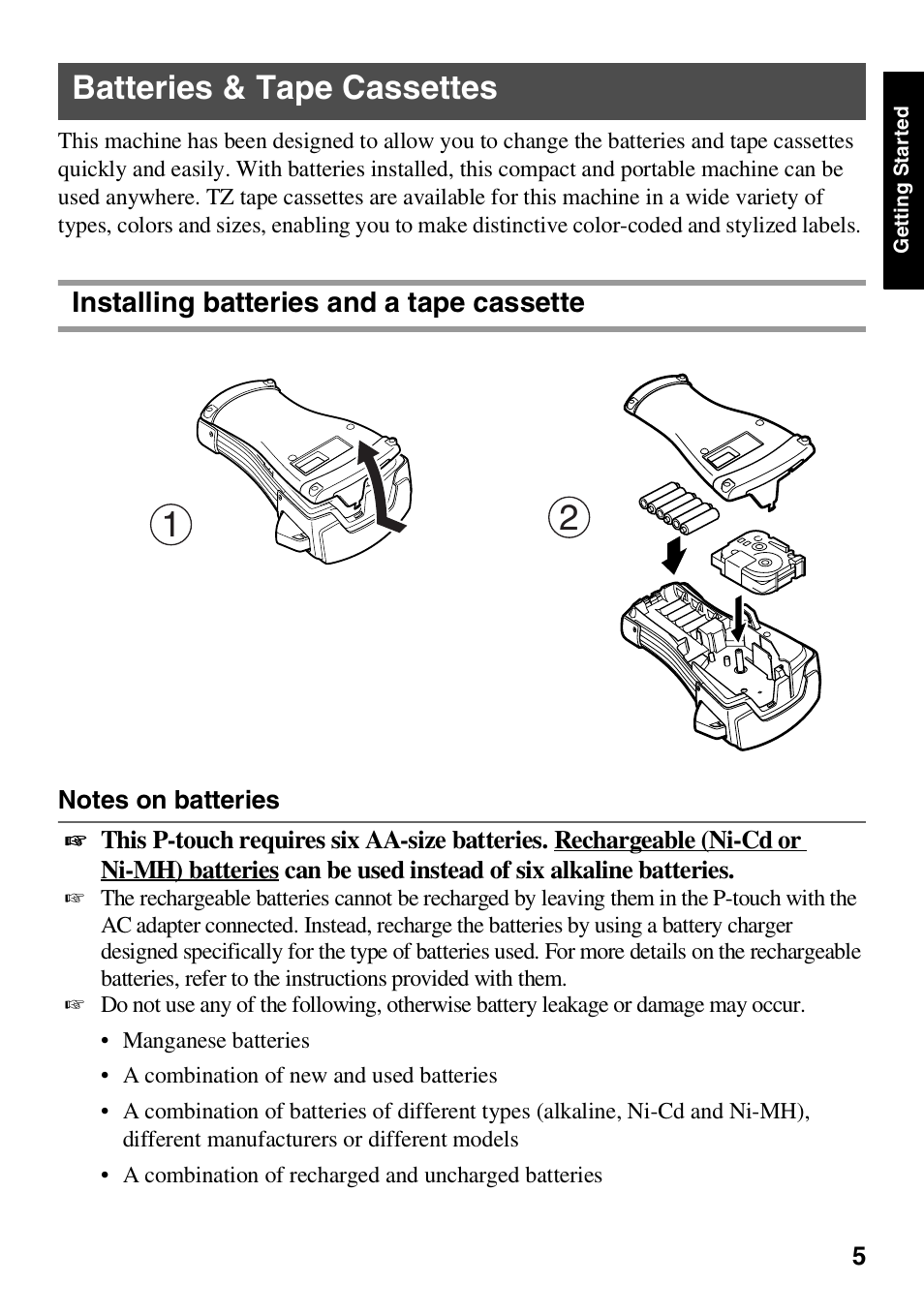 Batteries & tape cassettes, Installing batteries and a tape cassette | Brother HL 1650 User Manual | Page 13 / 163