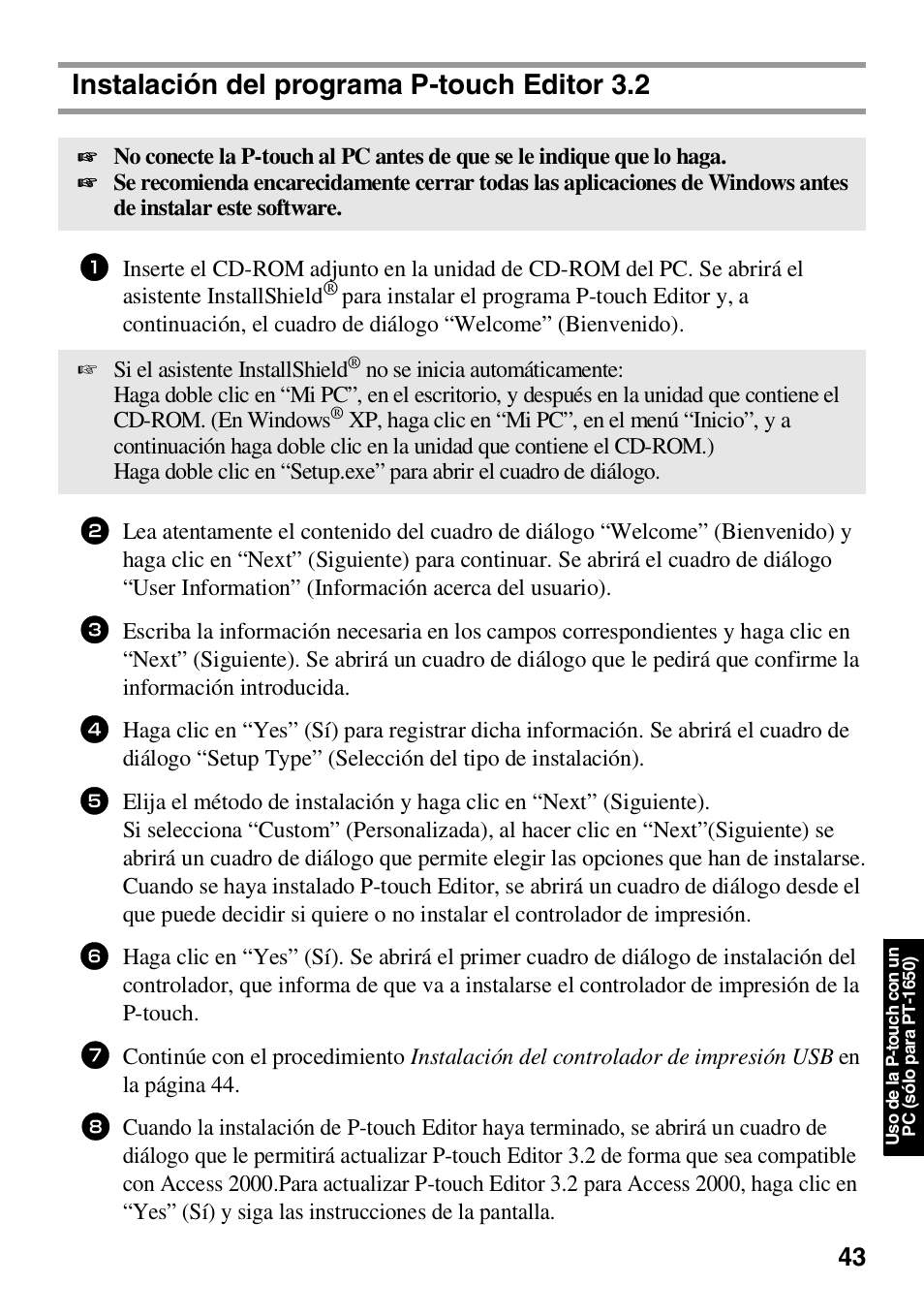 Instalación del programa ptouch editor 3.2, Instalación del programa p-touch editor 3.2, Si el asistente installshield | Brother HL 1650 User Manual | Page 131 / 163