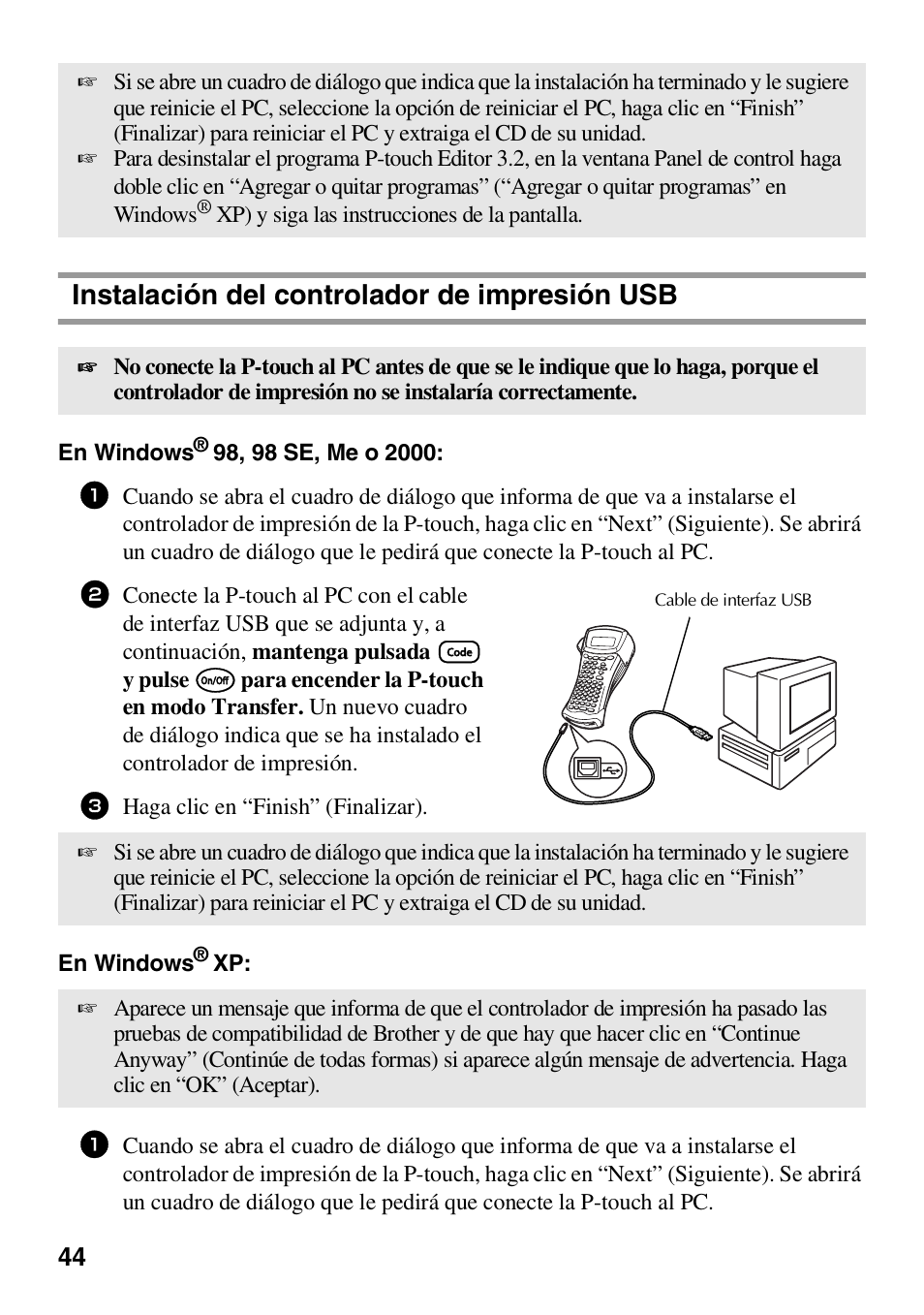 Instalación del controlador de impresión usb | Brother HL 1650 User Manual | Page 132 / 163