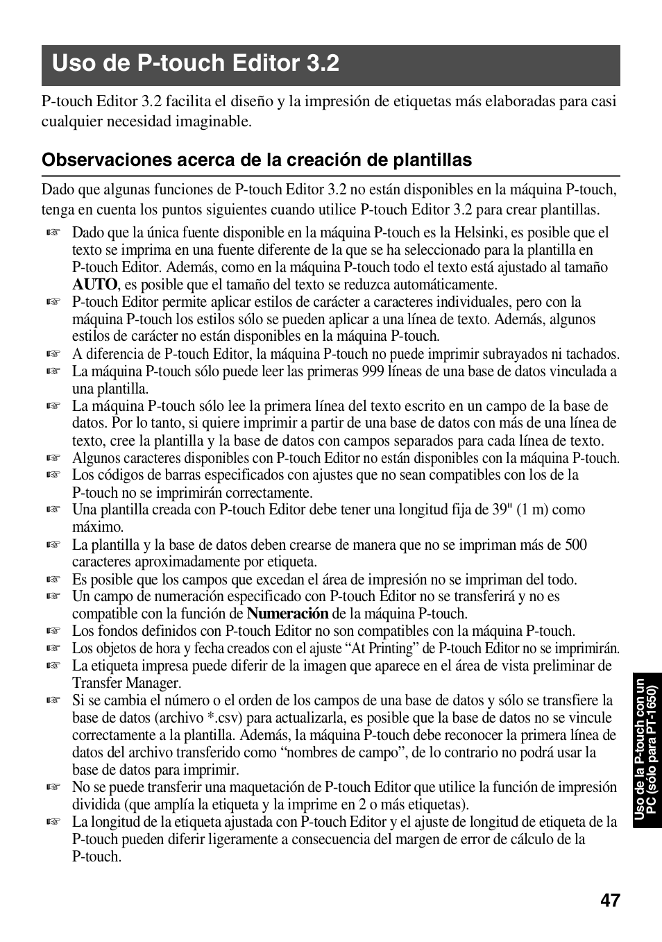 Uso de ptouch editor 3.2, Uso de p-touch editor 3.2, Observaciones acerca de la creación de plantillas | Brother HL 1650 User Manual | Page 135 / 163