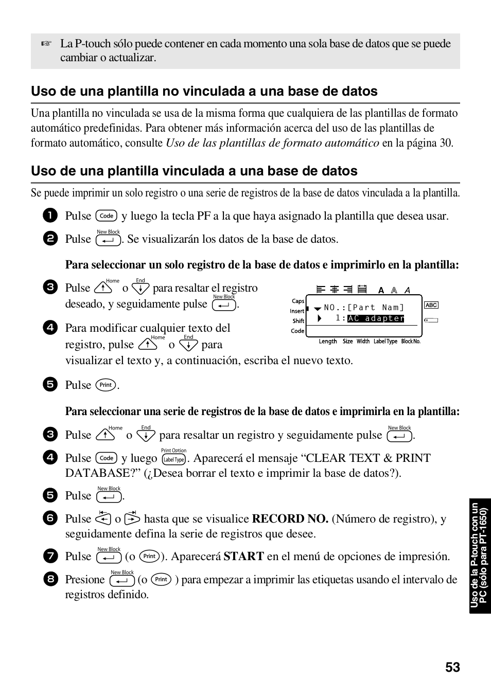 Uso de una plantilla vinculada a una base de datos, Pulse n | Brother HL 1650 User Manual | Page 141 / 163