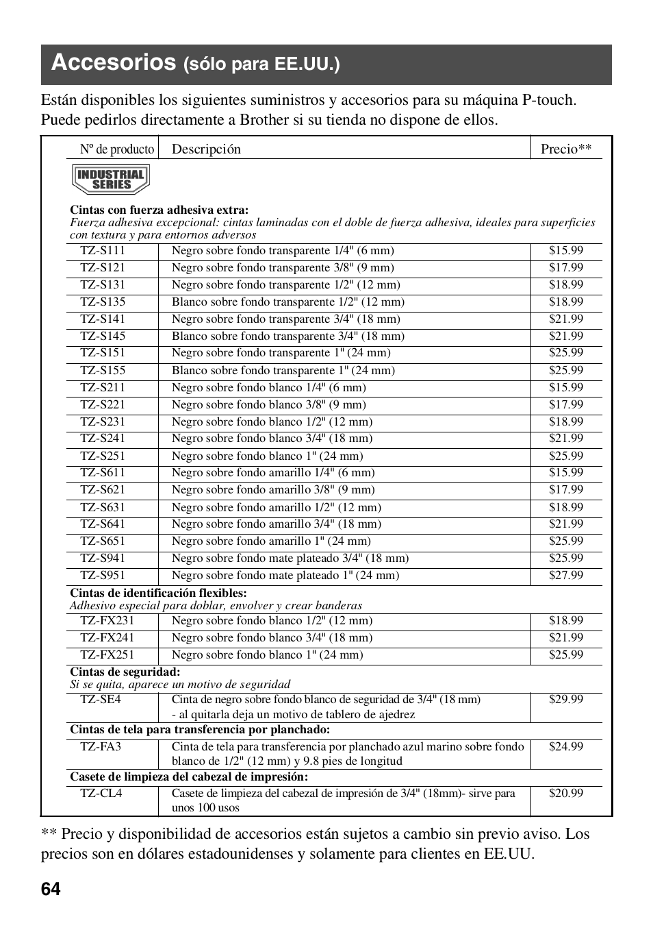 Accesorios (sólo para ee.uu.), Accesorios, Sólo para ee.uu.) | Brother HL 1650 User Manual | Page 152 / 163