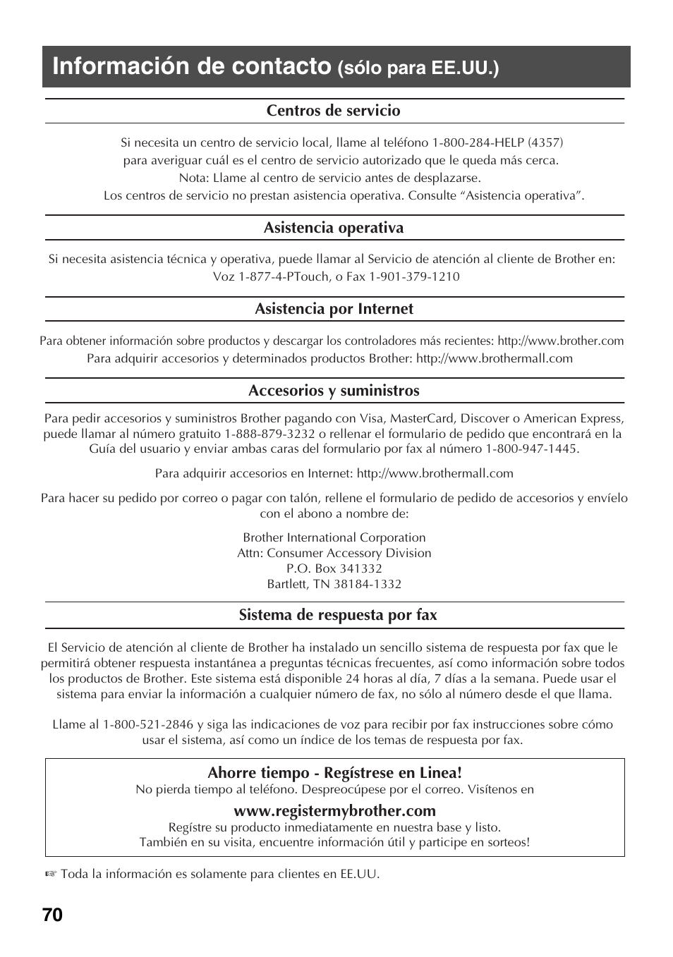 Información de contacto (sólo para ee.uu.), Información de contacto, Sólo para ee.uu.) | Brother HL 1650 User Manual | Page 158 / 163