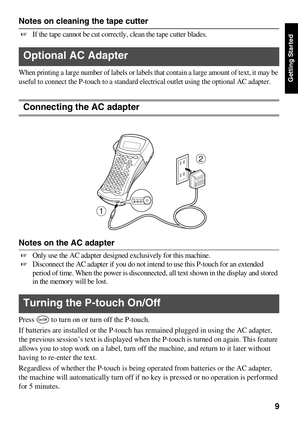 Optional ac adapter, Connecting the ac adapter, Turning the p-touch on/off | Brother HL 1650 User Manual | Page 17 / 163