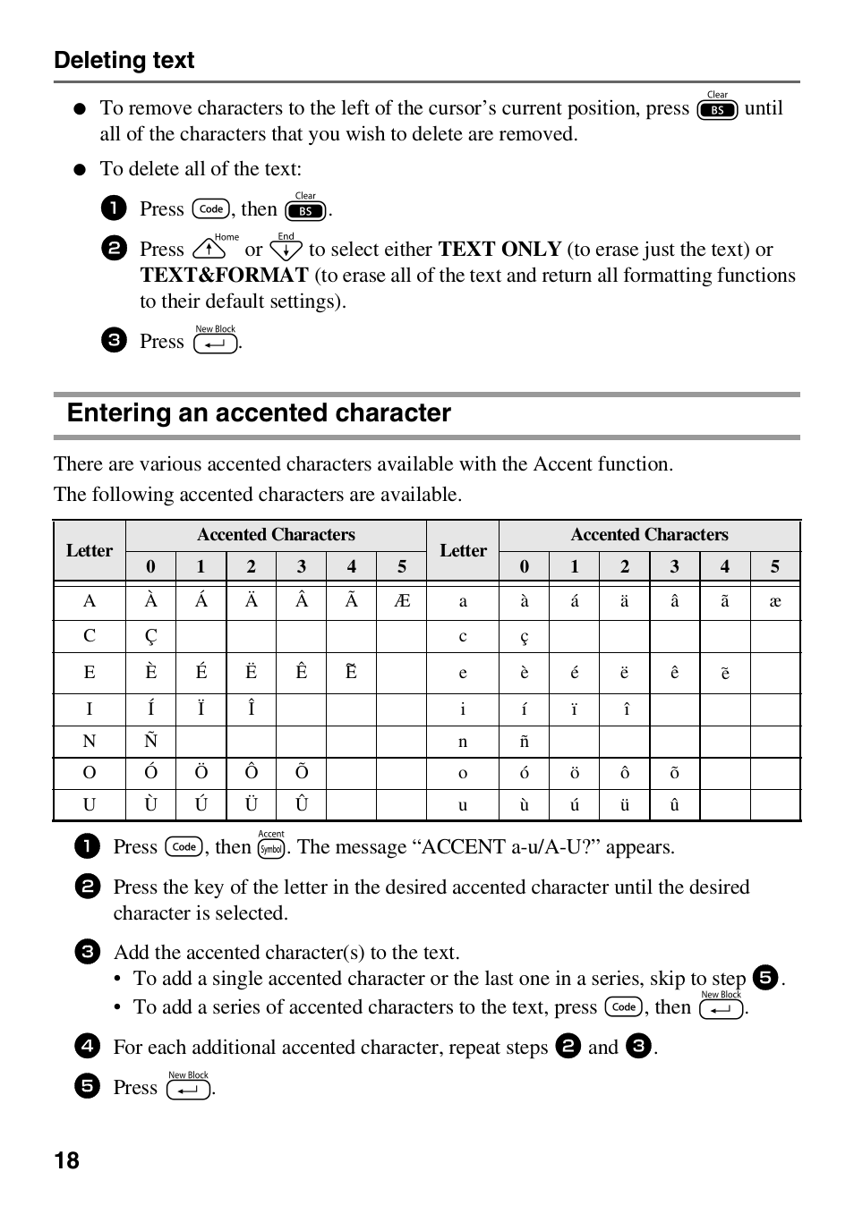 Entering an accented character, 18 deleting text | Brother HL 1650 User Manual | Page 26 / 163