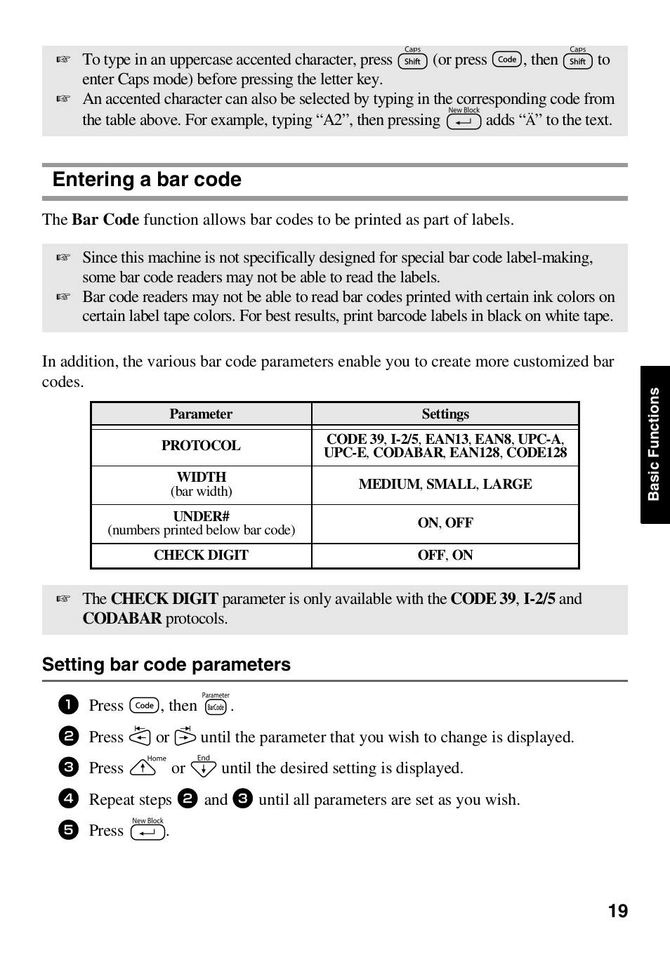 Entering a bar code, Setting bar code parameters | Brother HL 1650 User Manual | Page 27 / 163