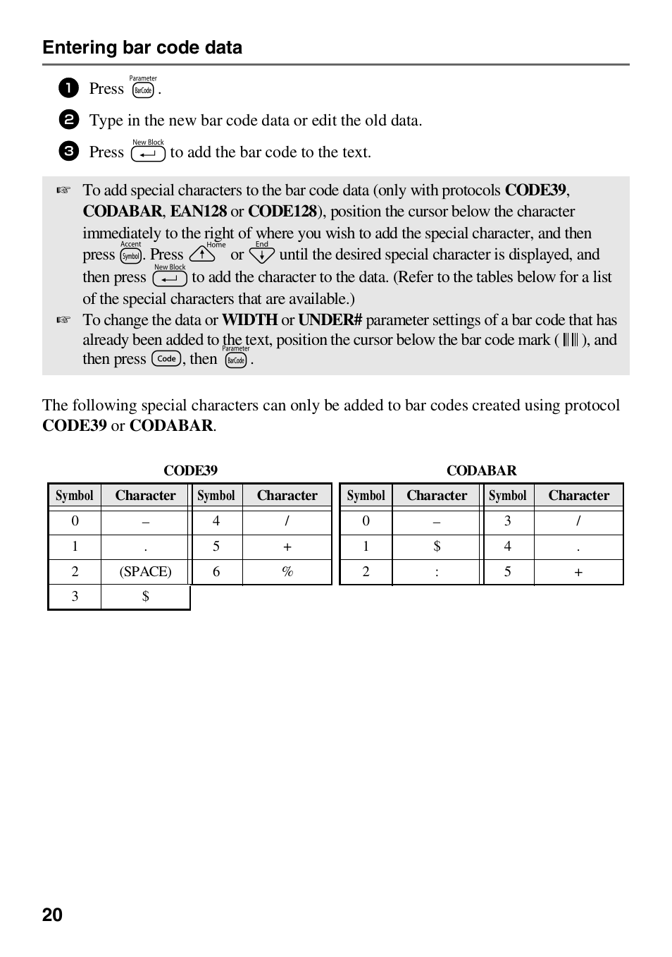 20 entering bar code data | Brother HL 1650 User Manual | Page 28 / 163