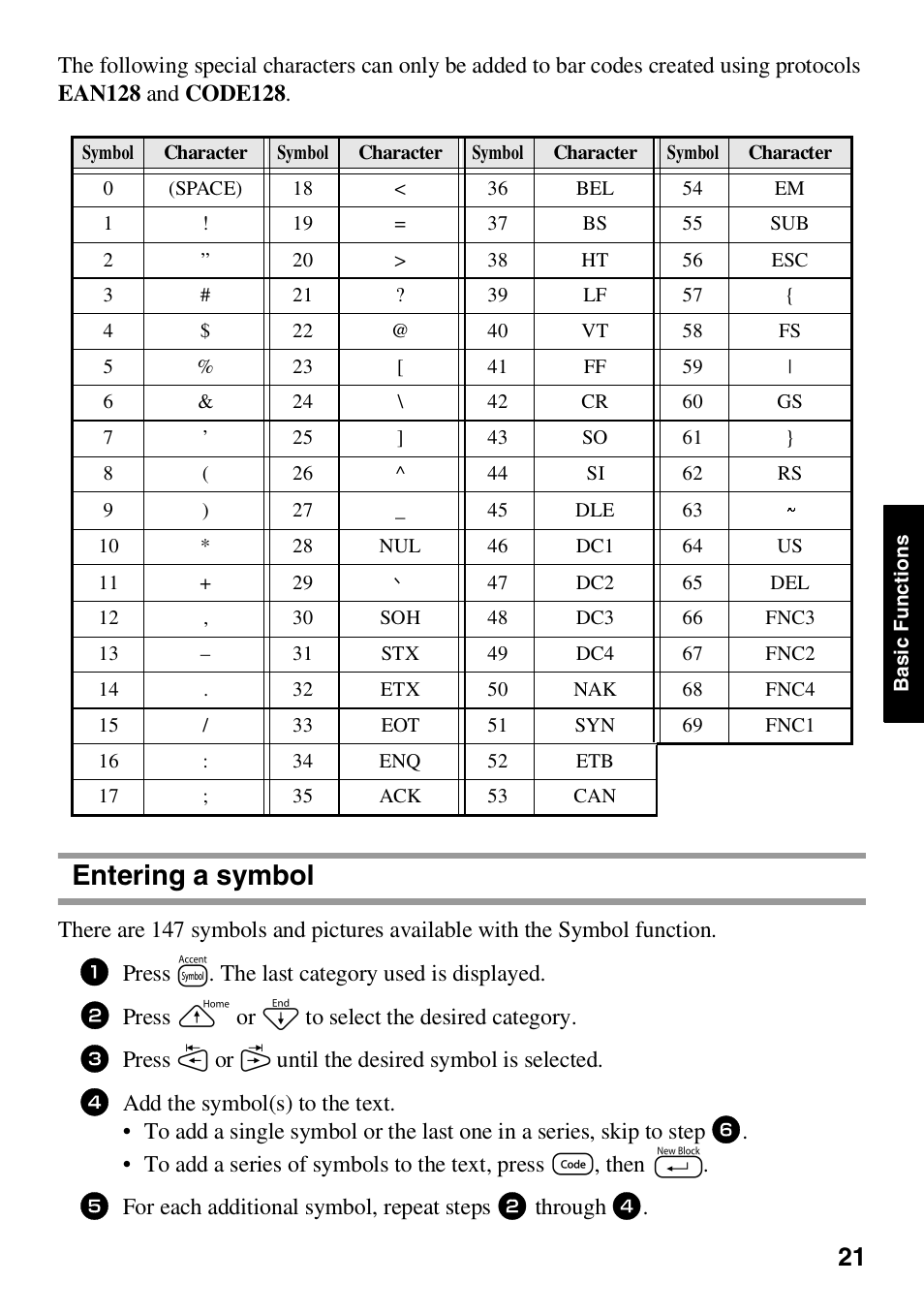 Entering a symbol | Brother HL 1650 User Manual | Page 29 / 163