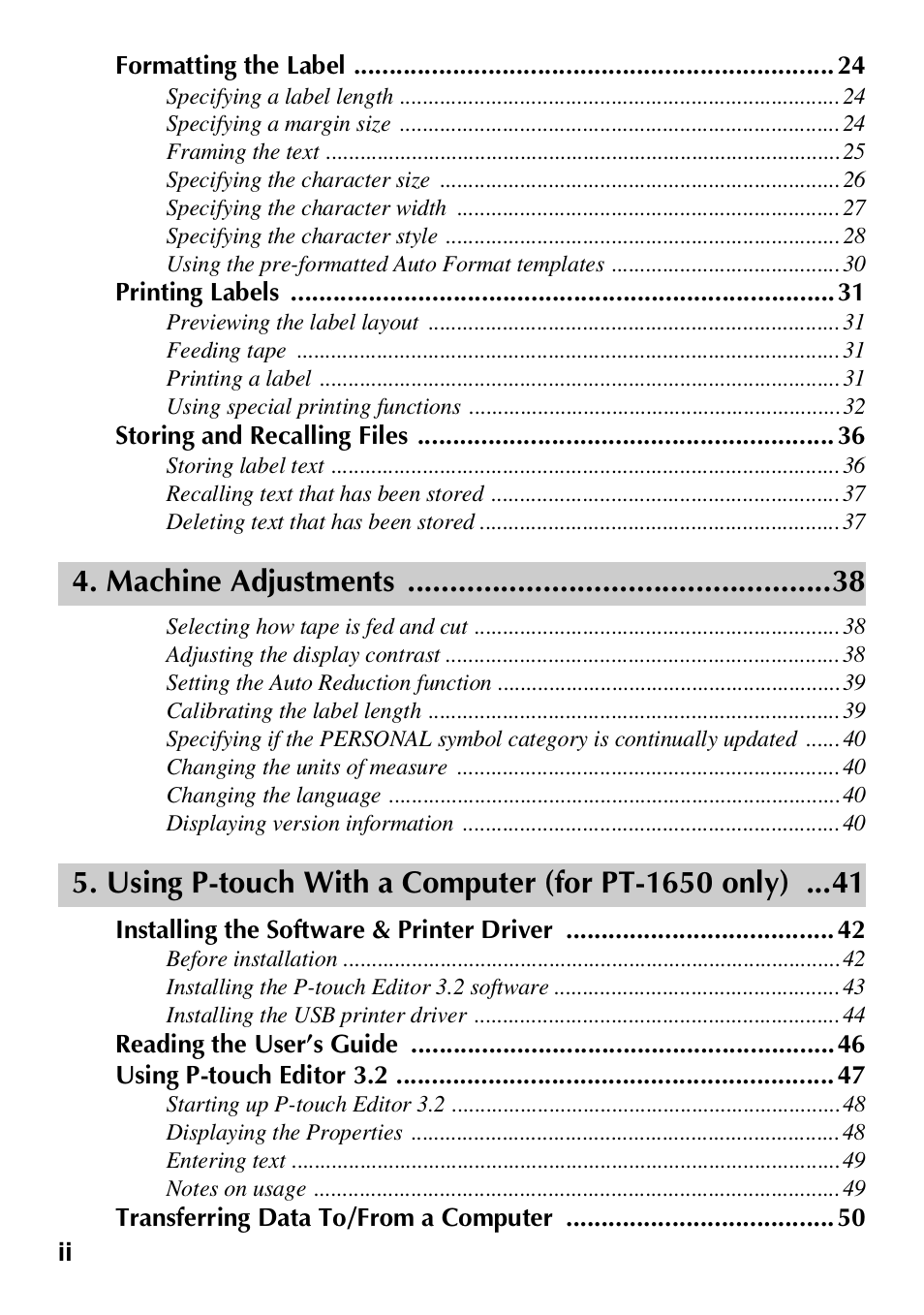 Machine adjustments, Using p-touch with a computer (for pt-1650 only) | Brother HL 1650 User Manual | Page 4 / 163