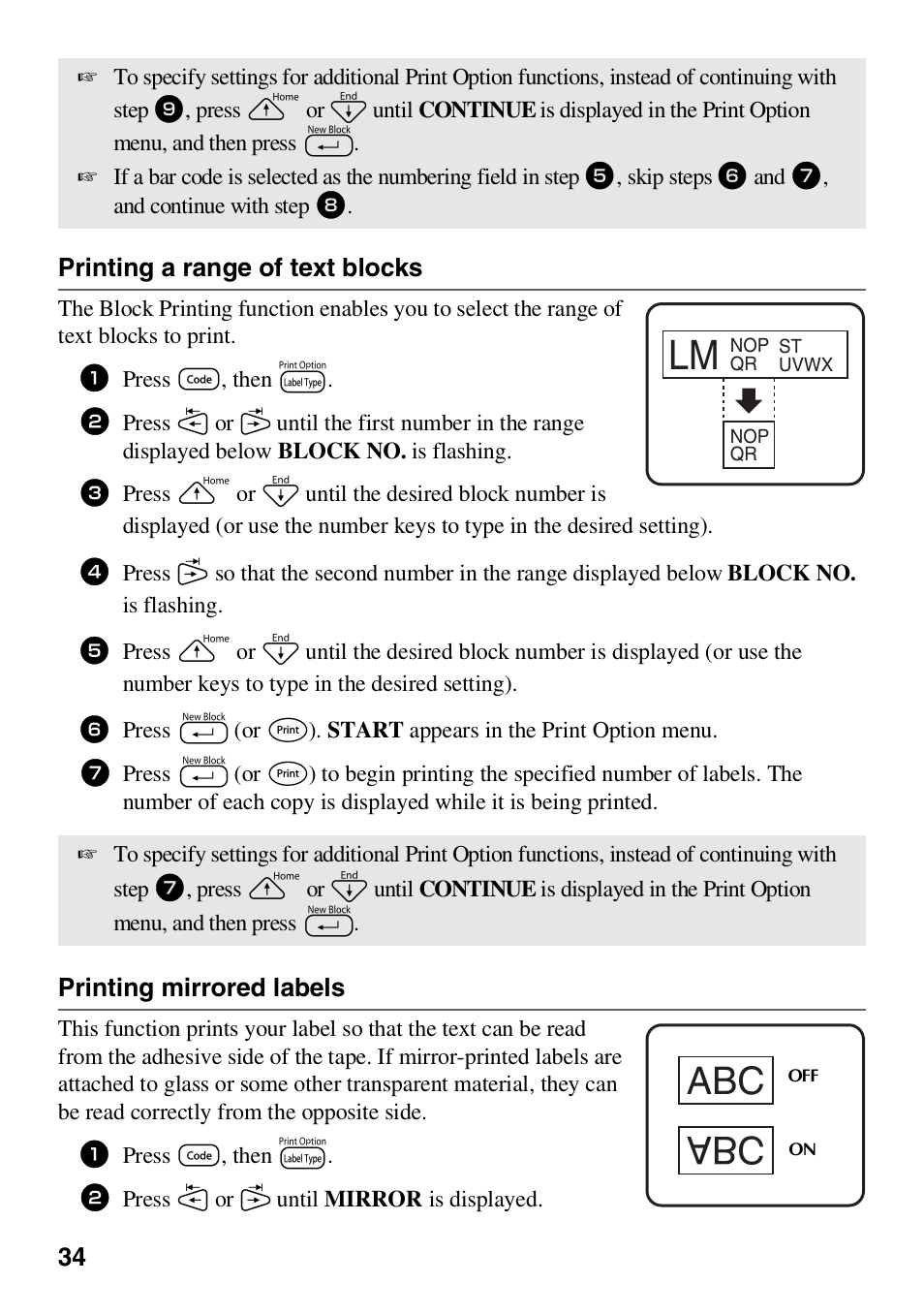 34 printing a range of text blocks, Printing mirrored labels | Brother HL 1650 User Manual | Page 42 / 163