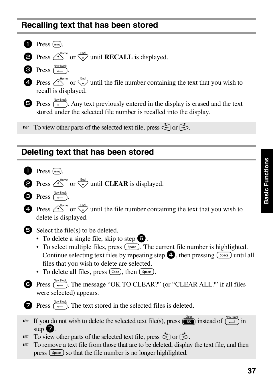 Recalling text that has been stored, Deleting text that has been stored | Brother HL 1650 User Manual | Page 45 / 163