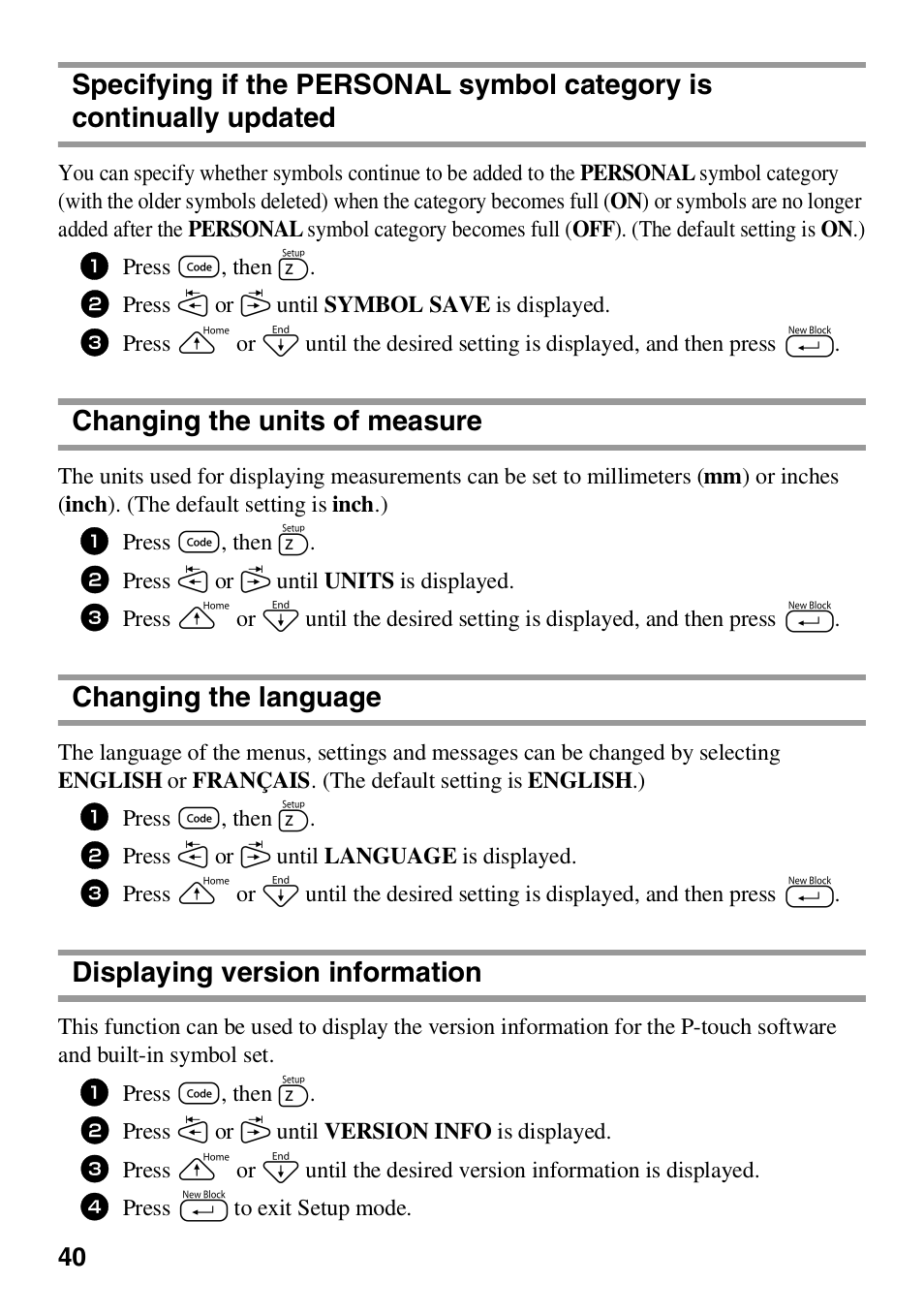 Changing the units of measure, Changing the language, Displaying version information | Brother HL 1650 User Manual | Page 48 / 163