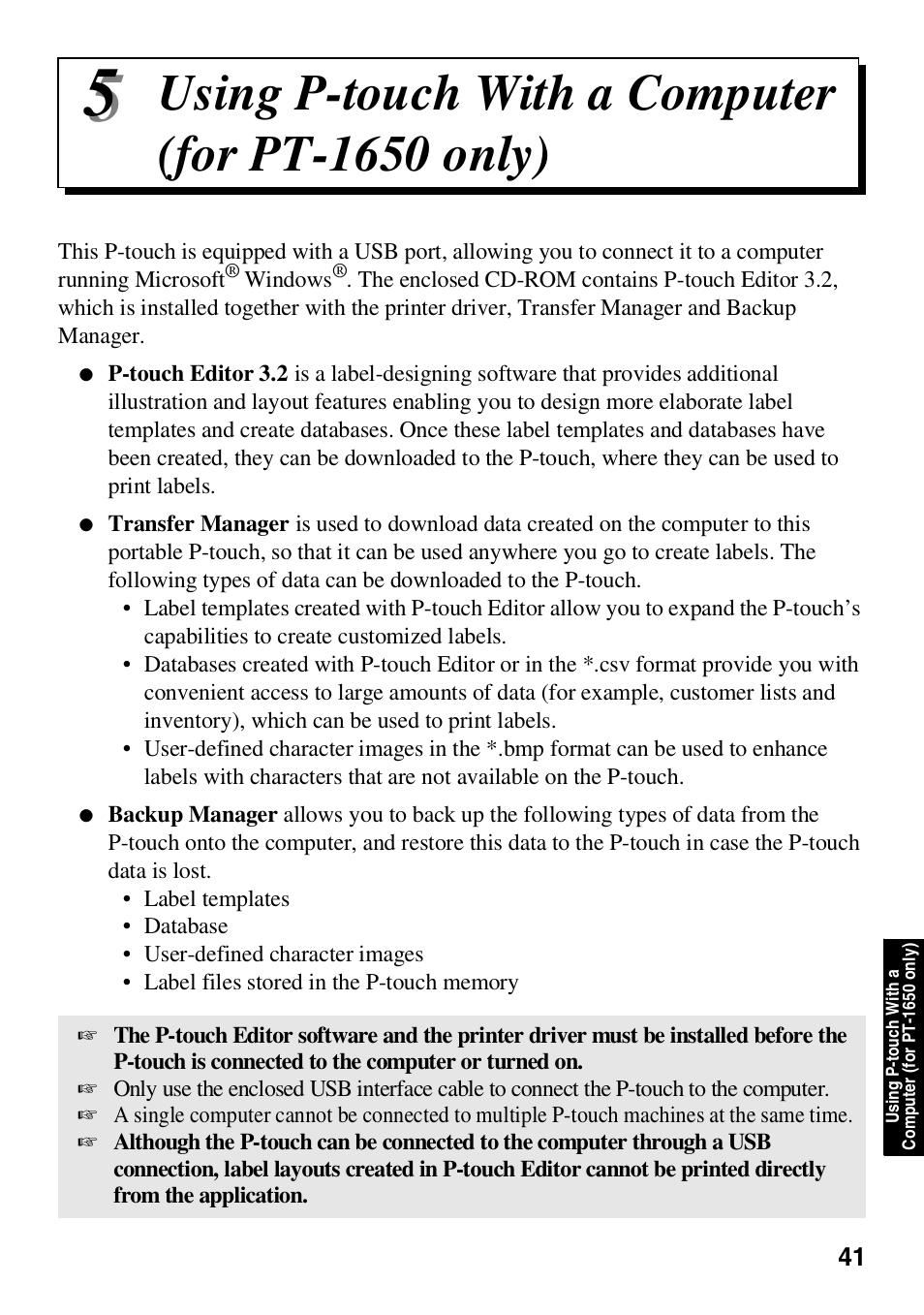 5 using p-touch with a computer (for pt-1650 only), Using p-touch with a computer (for pt-1650 only) | Brother HL 1650 User Manual | Page 49 / 163