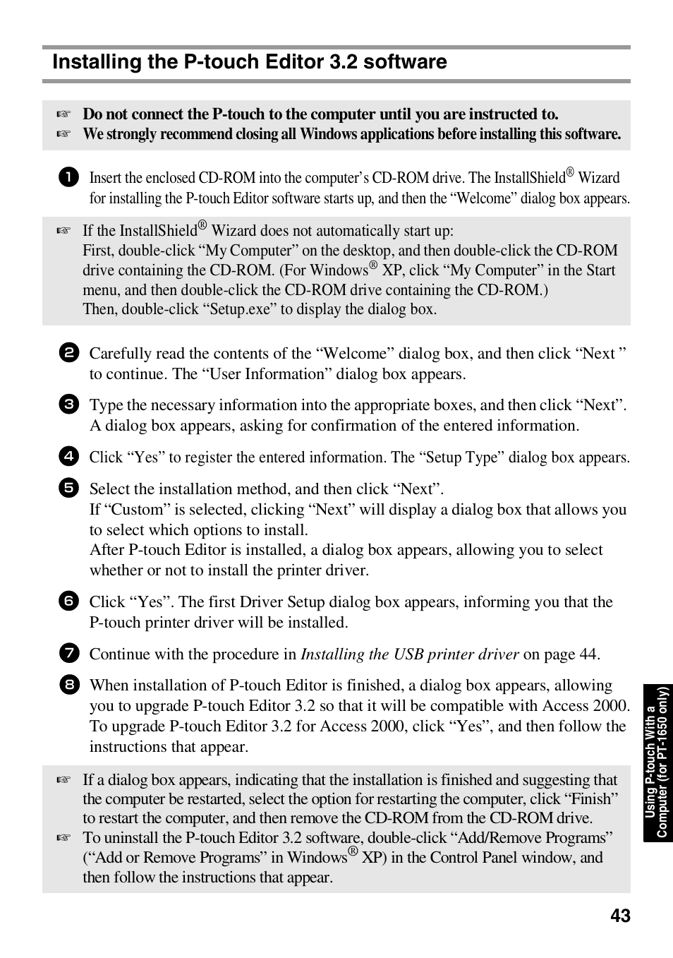 Installing the ptouch editor 3.2 software, Installing the p-touch editor 3.2 software, If the installshield | Brother HL 1650 User Manual | Page 51 / 163