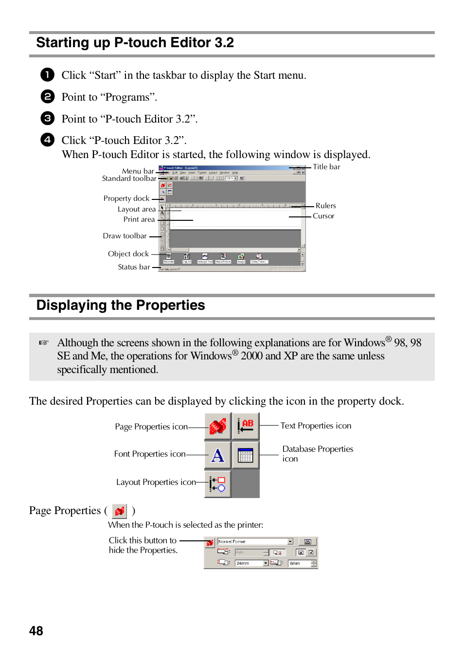 Starting up ptouch editor 3.2, Displaying the properties, Starting up p-touch editor 3.2 | Point to “programs, Point to “p-touch editor 3.2, 98, 98 se and me, the operations for windows | Brother HL 1650 User Manual | Page 56 / 163