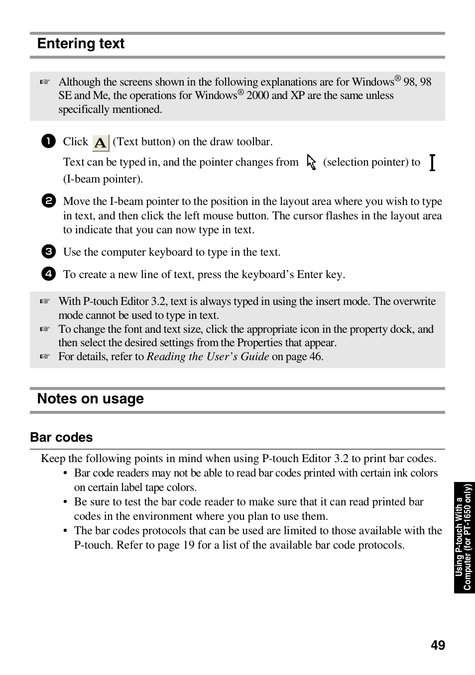 Entering text, Notes on usage, Entering text notes on usage | Bar codes | Brother HL 1650 User Manual | Page 57 / 163