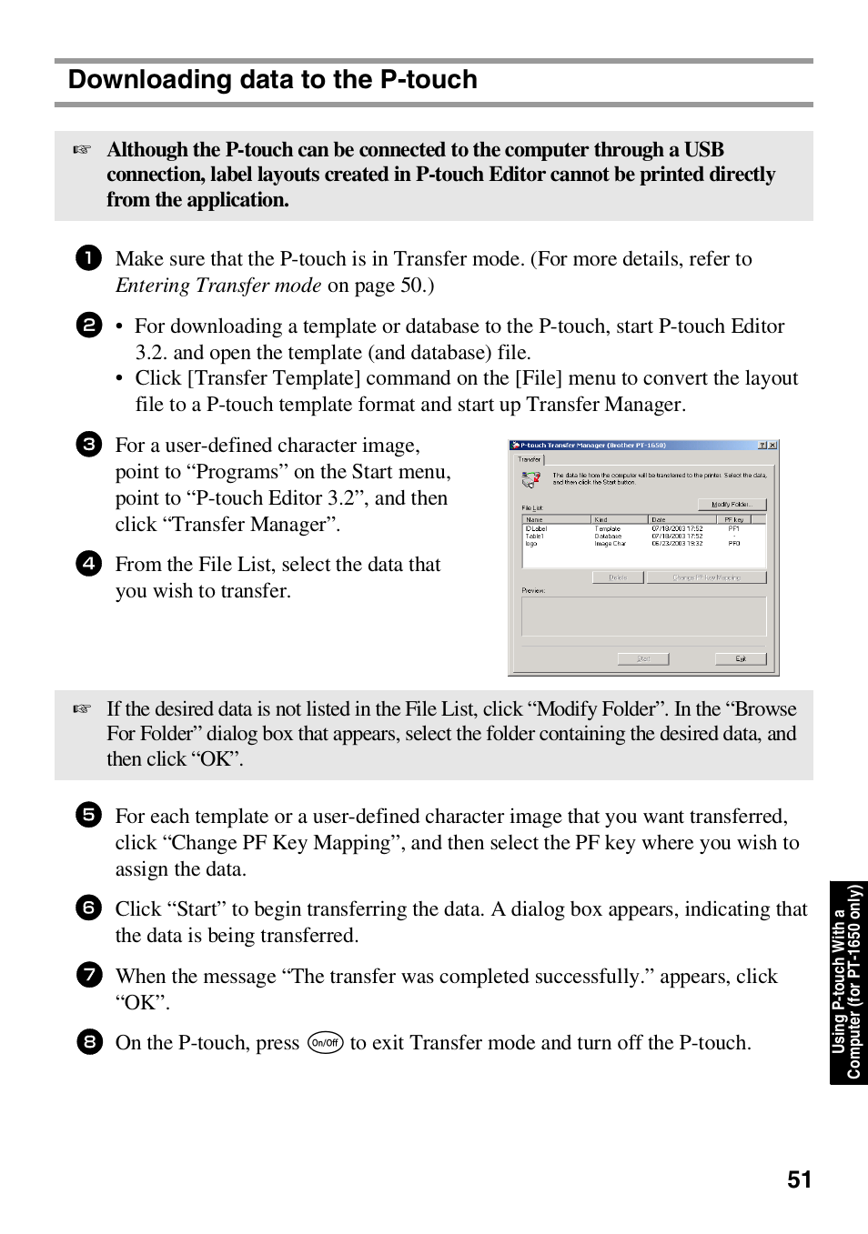 Downloading data to the ptouch, Downloading data to the p-touch | Brother HL 1650 User Manual | Page 59 / 163