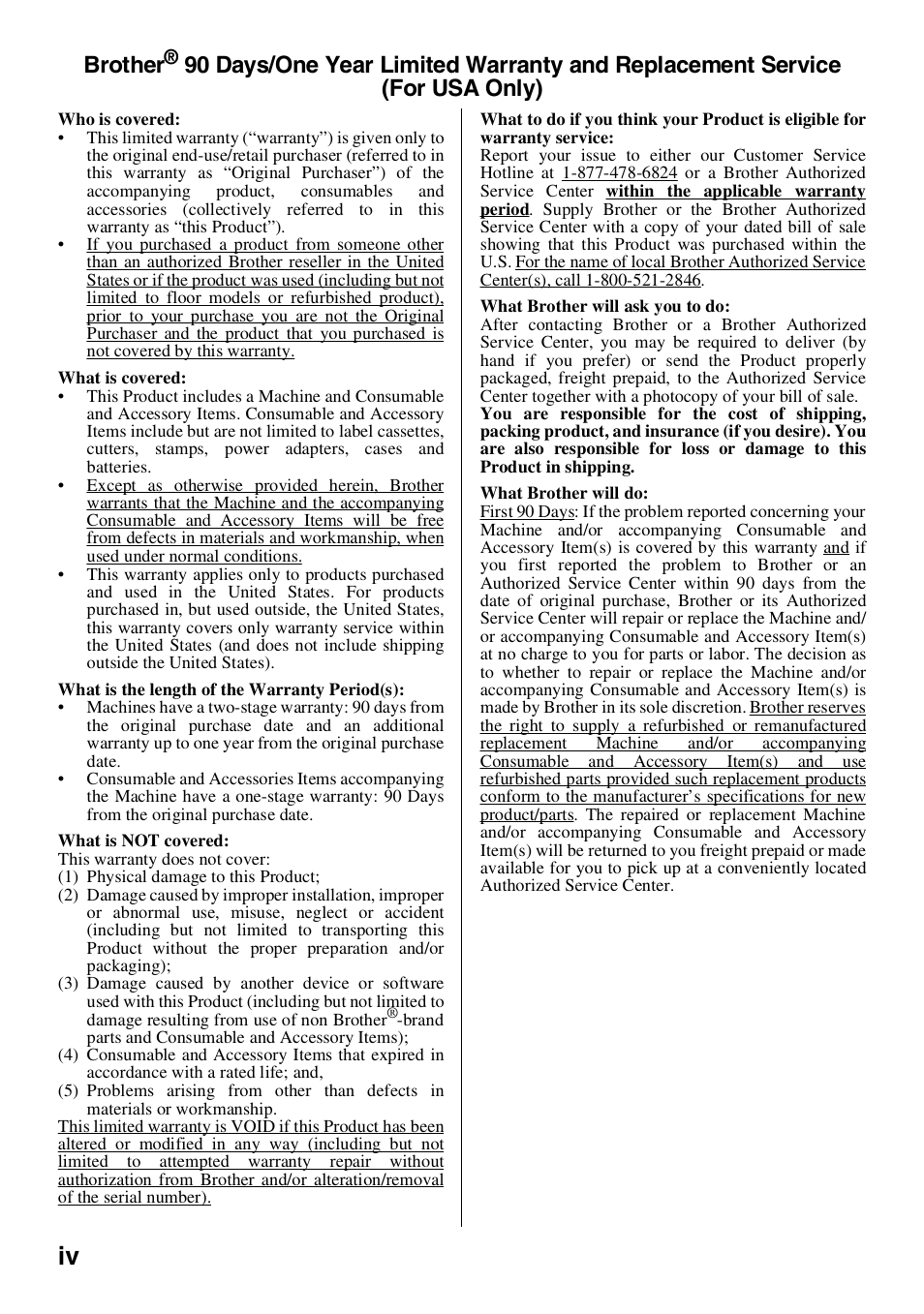 Brother, 90 days/one year limited warranty and replacement, Service | Brother HL 1650 User Manual | Page 6 / 163