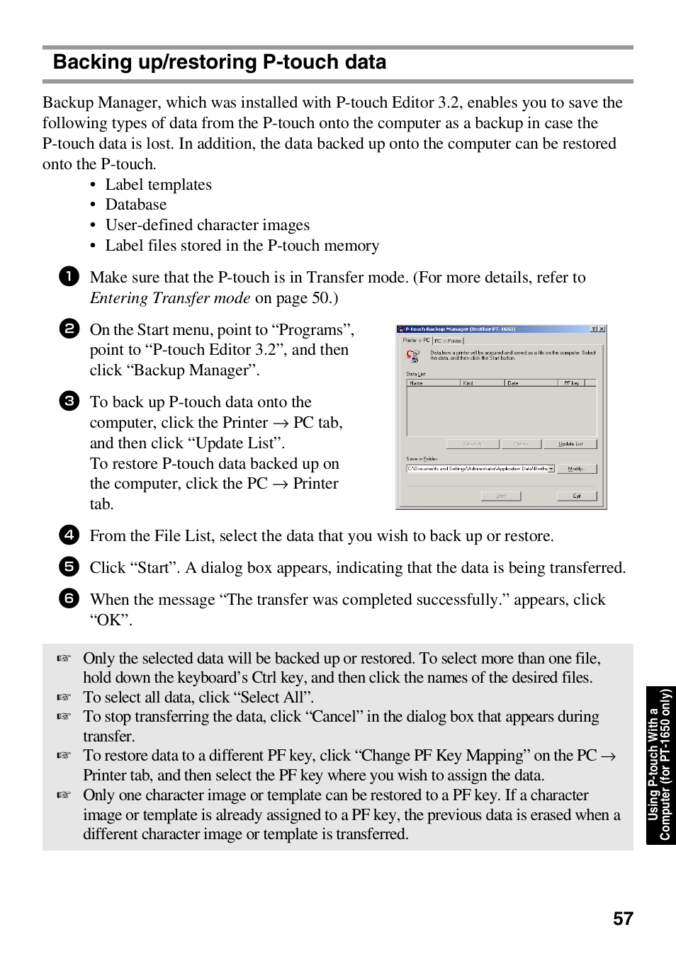 Backing up/restoring p-touch data | Brother HL 1650 User Manual | Page 65 / 163