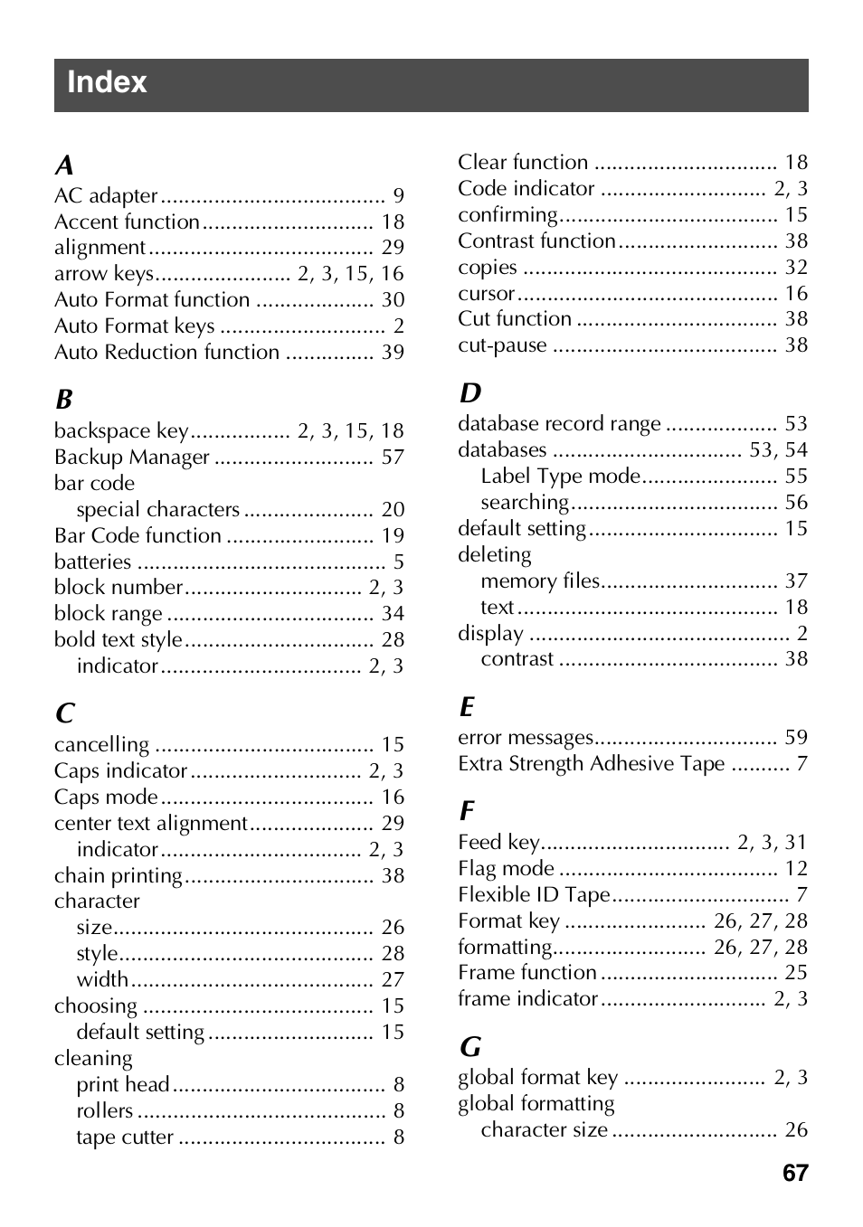 Index | Brother HL 1650 User Manual | Page 75 / 163