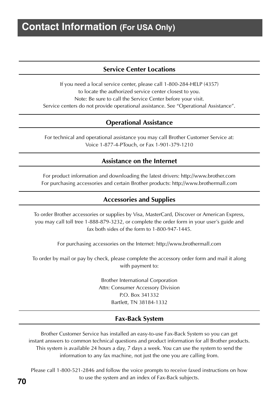 Contact information (for usa only), Contact information, For usa only) | Brother HL 1650 User Manual | Page 78 / 163