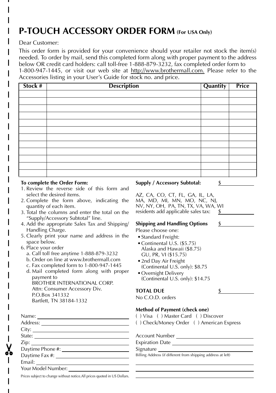 P-touch accessory order form | Brother HL 1650 User Manual | Page 81 / 163