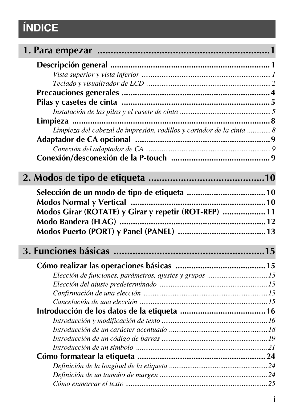 Índice, Para empezar, Modos de tipo de etiqueta | Funciones básicas | Brother HL 1650 User Manual | Page 85 / 163