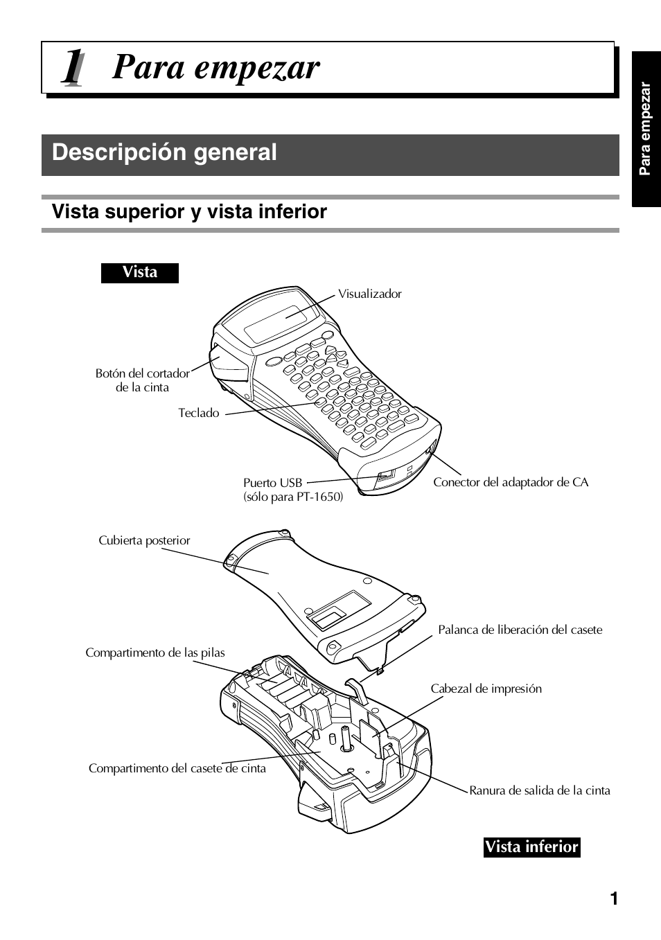 1 para empezar, Descripción general, Vista superior y vista inferior | Para empezar | Brother HL 1650 User Manual | Page 89 / 163