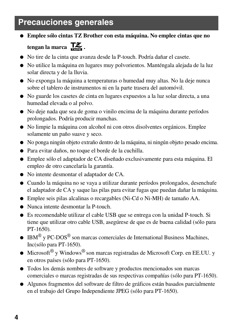Precauciones generales | Brother HL 1650 User Manual | Page 92 / 163