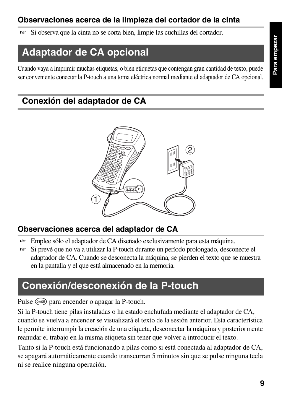 Adaptador de ca opcional, Conexión del adaptador de ca, Conexión/desconexión de la p-touch | Brother HL 1650 User Manual | Page 97 / 163