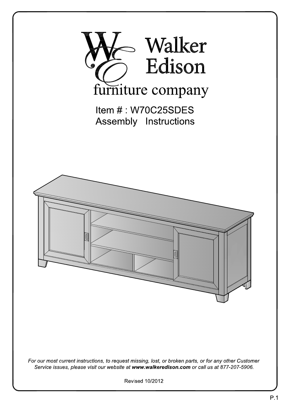 Walker Edison Furniture W70C25SDES 70 Wood TV Console w/ Sliding Doors User Manual | 18 pages