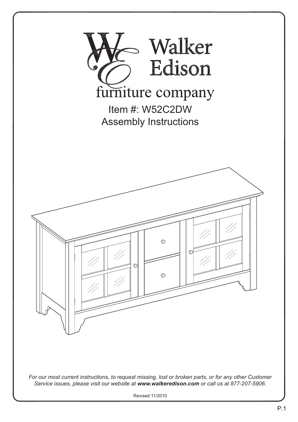 Walker Edison Furniture W52C2DW 52 TV Console User Manual | 15 pages