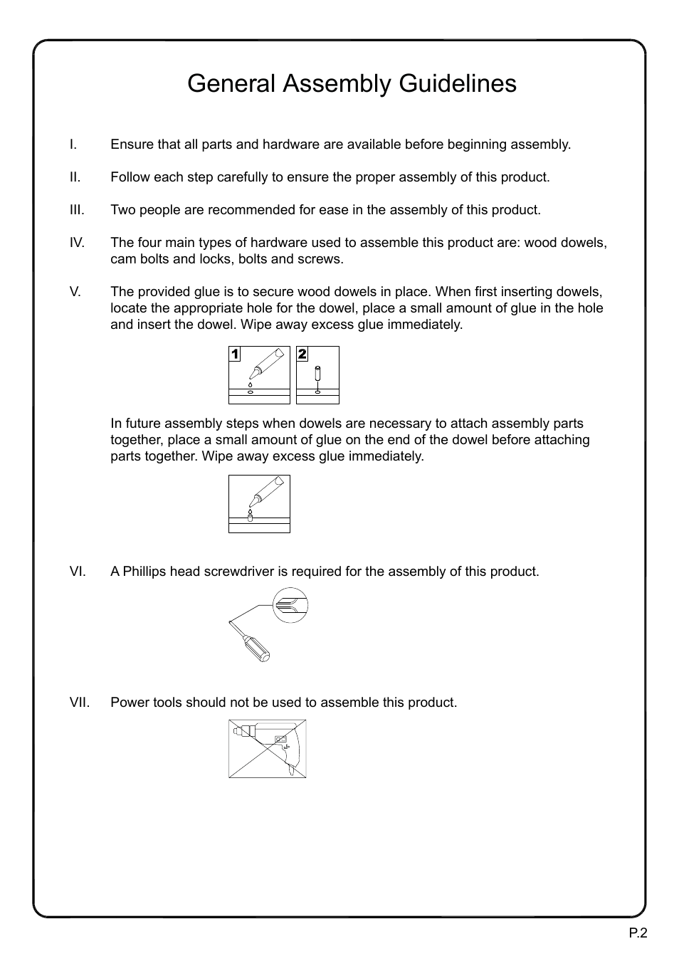 General assembly guidelines | Walker Edison Furniture W52C2DW 52 TV Console User Manual | Page 2 / 15