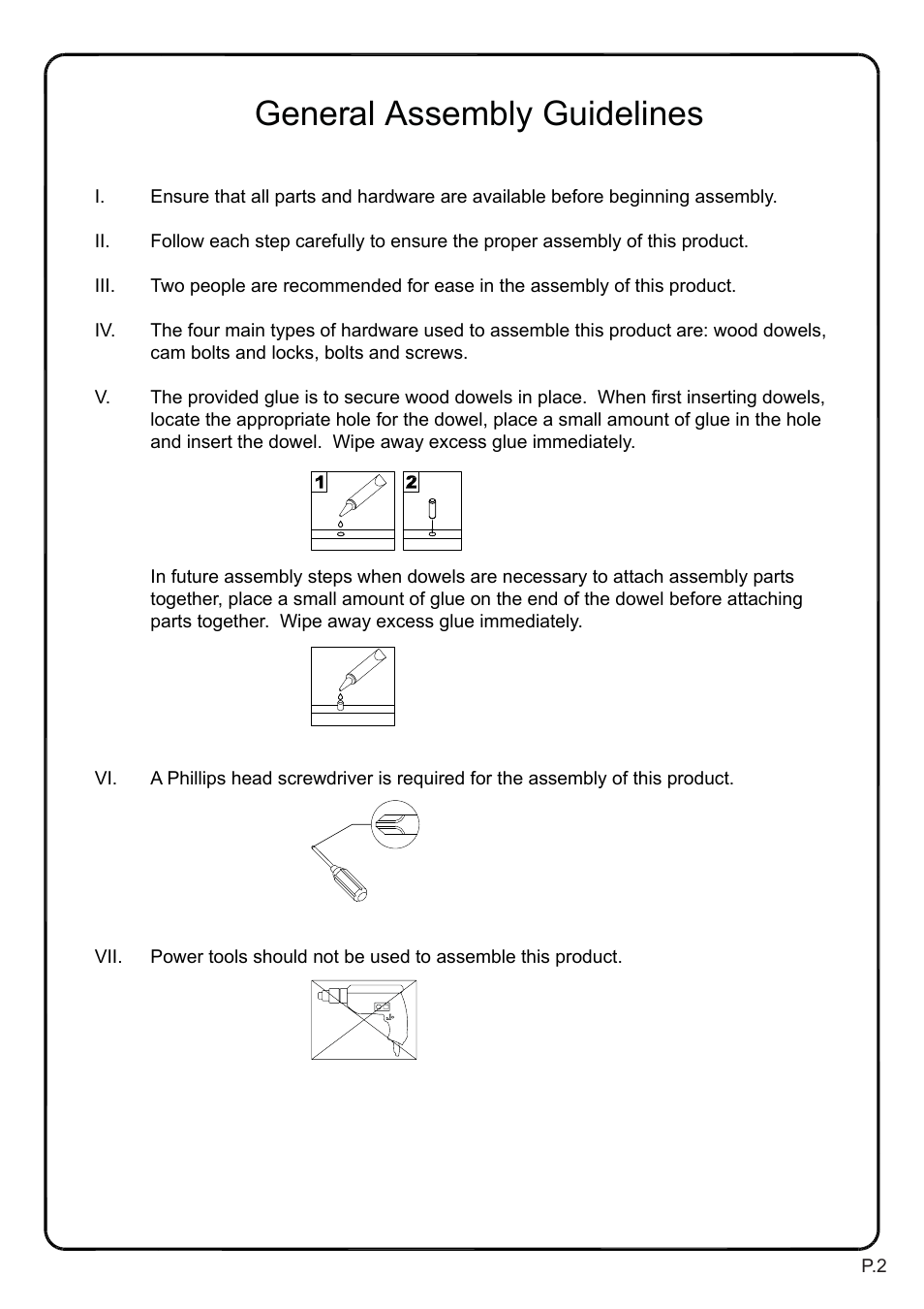 General assembly guidelines | Walker Edison Furniture P60CMP-MT 60 TV Console User Manual | Page 2 / 18