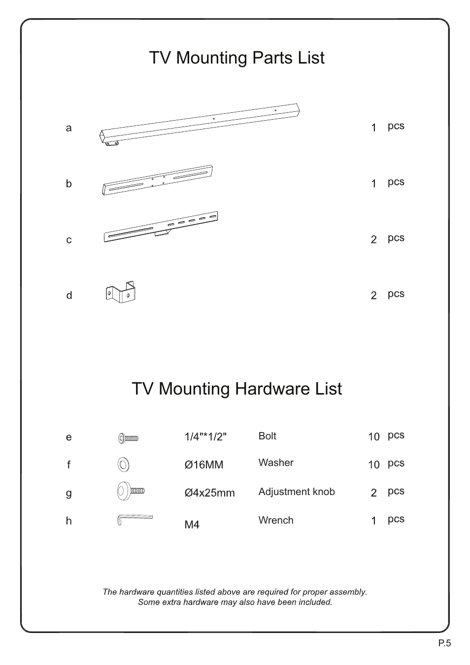 Tv mounting hardware list tv mounting parts list | Walker Edison Furniture P60CMP-MT 60 TV Console User Manual | Page 5 / 18