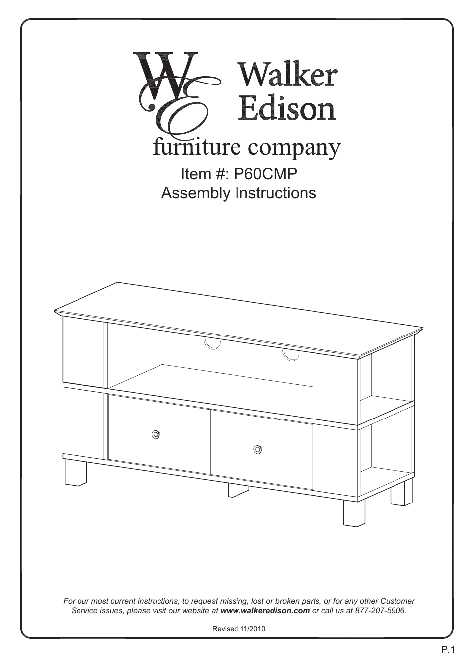 Walker Edison Furniture P60CMP 60 TV Console User Manual | 15 pages