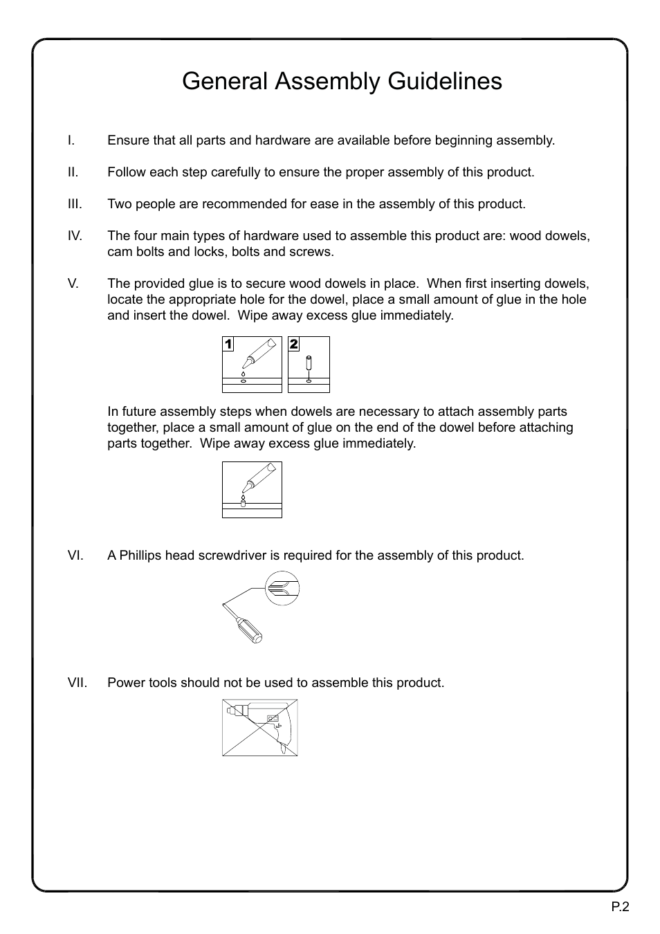 General assembly guidelines | Walker Edison Furniture P60CMP 60 TV Console User Manual | Page 2 / 15