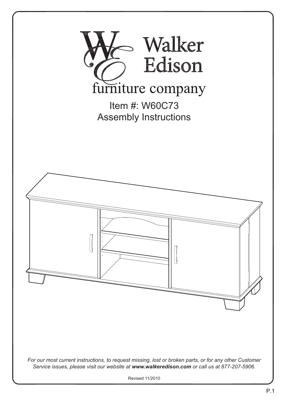 Walker Edison Furniture W60C73 60 Storage TV Console User Manual | 16 pages