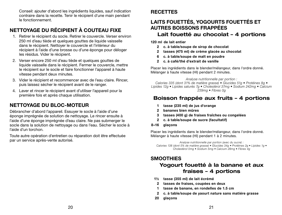 Nettoyage du récipient à couteau fixe, Nettoyage du bloc-moteur, Boisson frappée aux fruits – 4 portions | Waring Pro HPB300 User Manual | Page 11 / 13