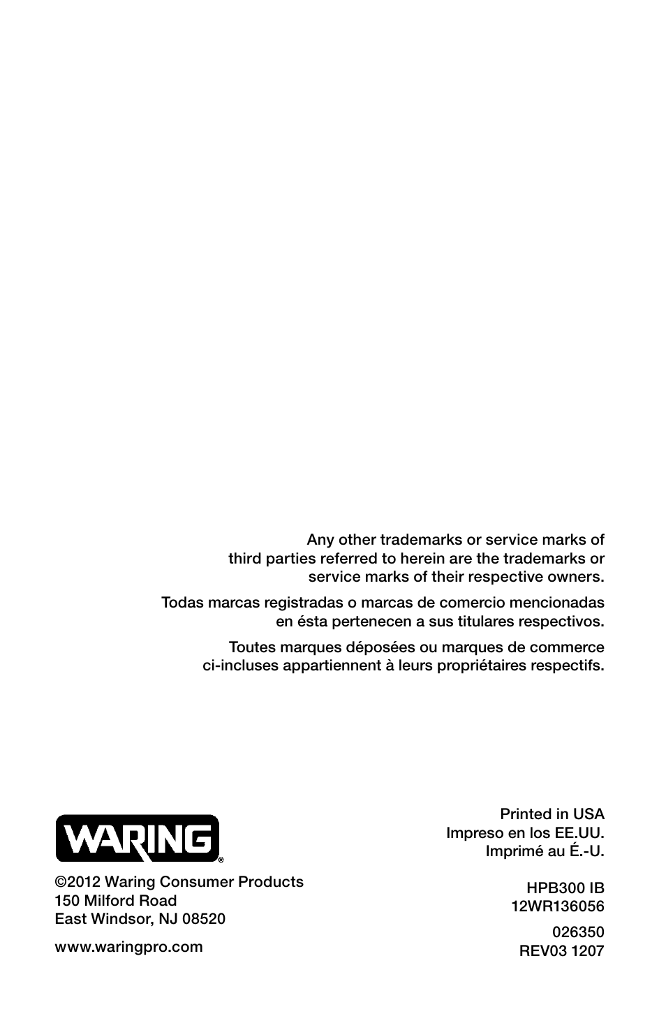 Waring Pro HPB300 User Manual | Page 13 / 13