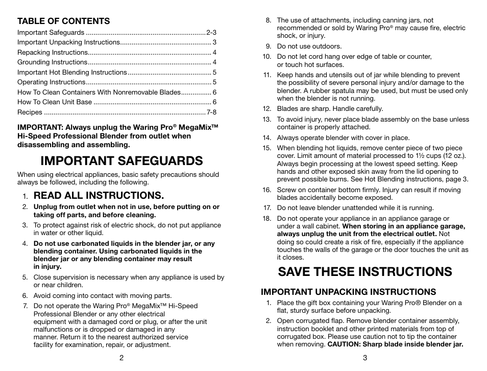 Waring Pro HPB300 User Manual | Page 2 / 13