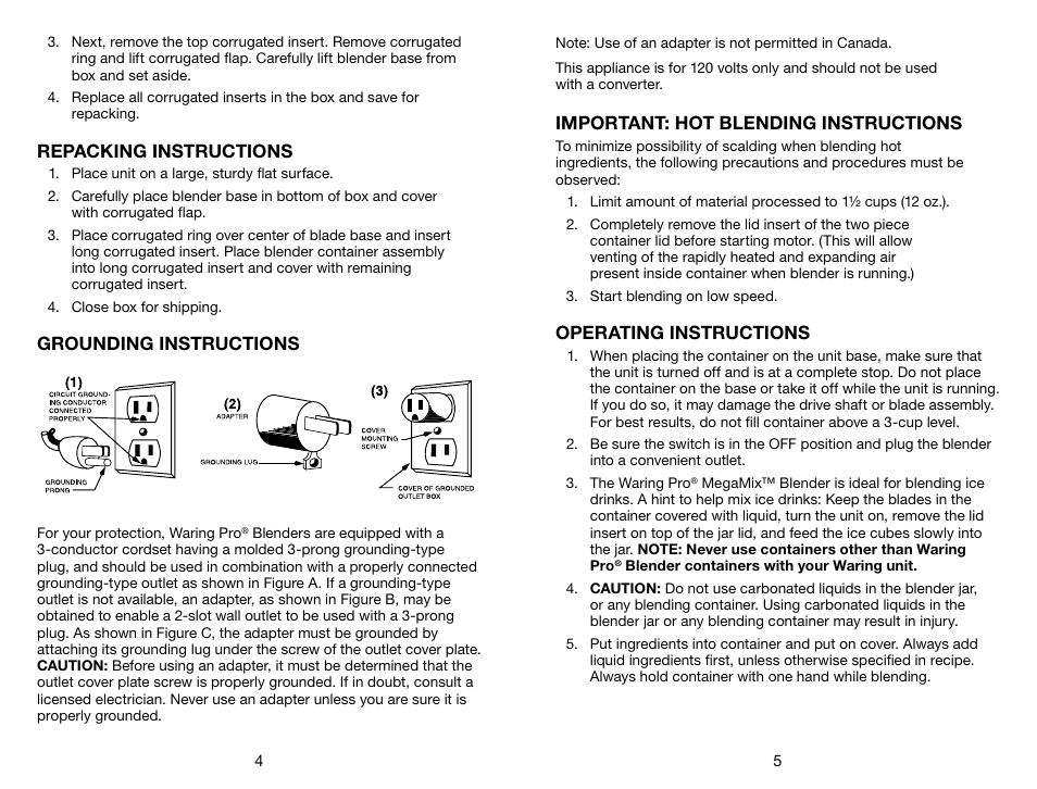 Repacking instructions, Grounding instructions, Important: hot blending instructions | Operating instructions | Waring Pro HPB300 User Manual | Page 3 / 13