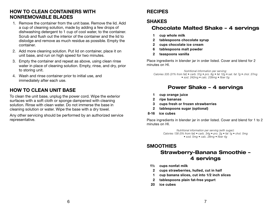 How to clean containers with nonremovable blades, How to clean unit base, Recipes shakes chocolate malted shake – 4 servings | Power shake – 4 servings, Smoothies strawberry-banana smoothie – 4 servings | Waring Pro HPB300 User Manual | Page 4 / 13