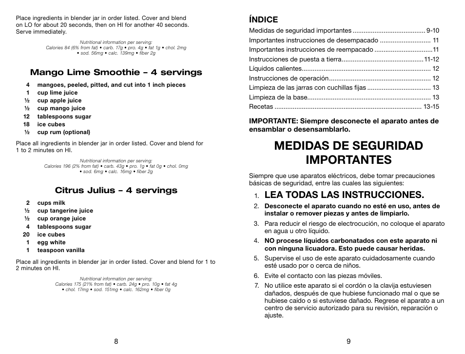 Medidas de seguridad importantes, Lea todas las instrucciones, Mango lime smoothie – 4 servings | Citrus julius – 4 servings, Índice | Waring Pro HPB300 User Manual | Page 5 / 13