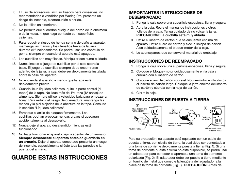 Guarde estas instrucciones, Importantes instrucciones de desempacado, Instrucciones de reempacado | Instrucciones de puesta a tierra | Waring Pro HPB300 User Manual | Page 6 / 13