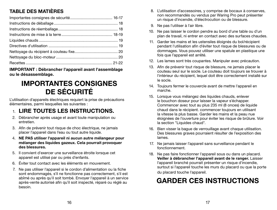 Importantes consignes de sécurité, Garder ces instructions, Lire toutes les instructions | Waring Pro HPB300 User Manual | Page 9 / 13