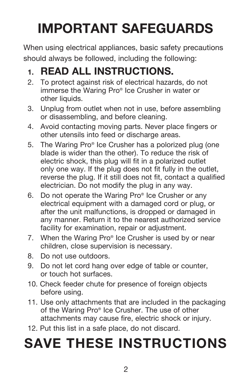 Important safeguards, Save these instructions, Read all instructions | Waring Pro IC70 User Manual | Page 3 / 12