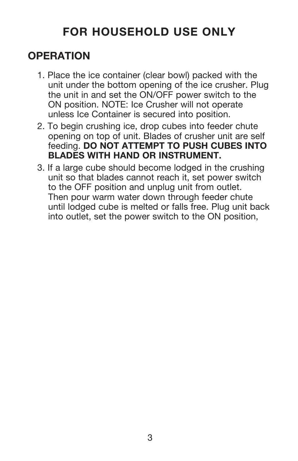For household use only, Operation | Waring Pro IC70 User Manual | Page 4 / 12