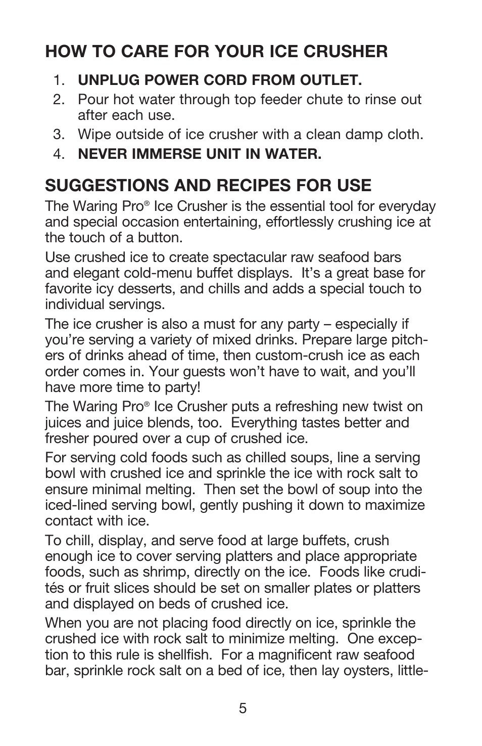 How to care for your ice crusher, Suggestions and recipes for use | Waring Pro IC70 User Manual | Page 6 / 12