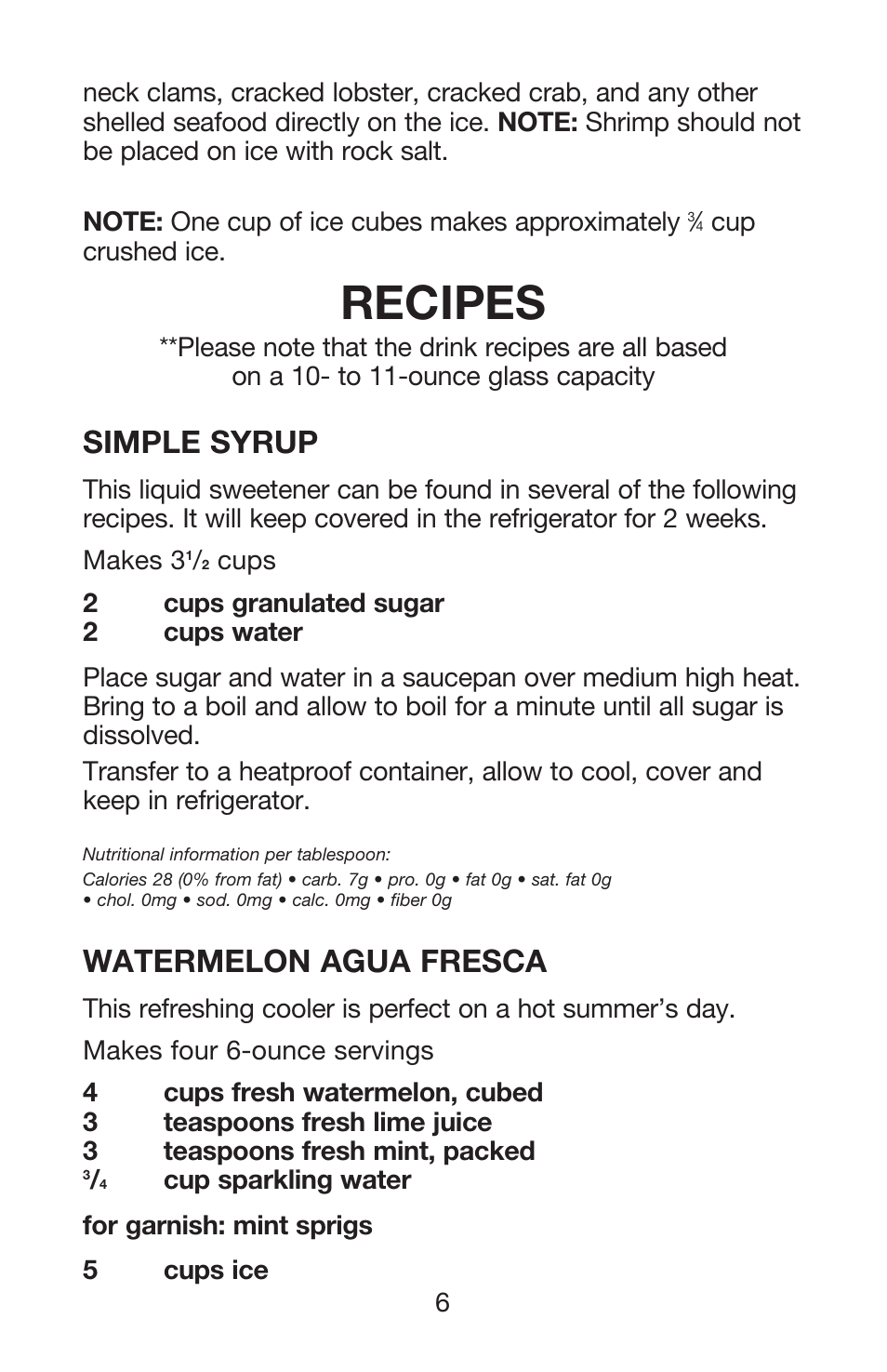 Recipes, Simple syrup, Watermelon agua fresca | Waring Pro IC70 User Manual | Page 7 / 12